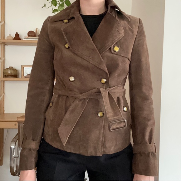 Vintage Suede Leather Cropped Trench Coat Small - Picture 2 of 7